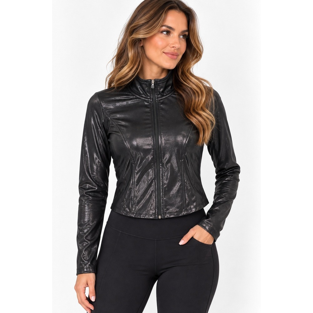 HALARA Black Shimmer Cropped Zip Up Jacket Women S Stretch Mock Neck NWT